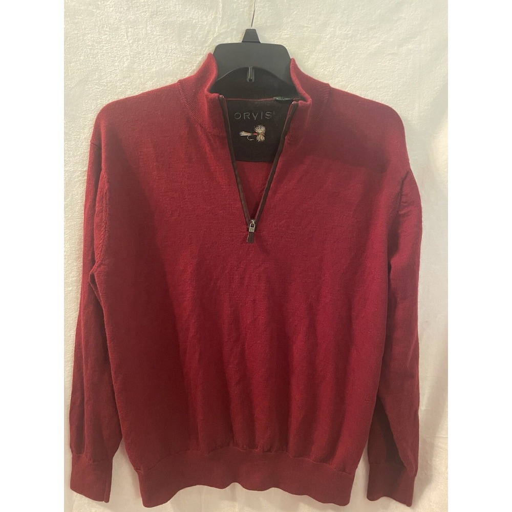 Orvis Sweater Men Large burgundy pullover 1/4 Zip 100% Merino Wool